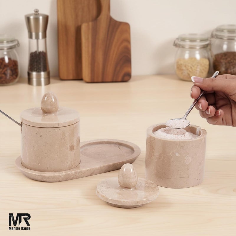 MARBLE RANGE Marble Salt Cellar with Lid and tray 4 Inch Verona Handmade Salt Container, Set of 2 Seasoning Jars, Spice Storage Containers for Kitchen Countertop, Sugar Bowl - Image 5